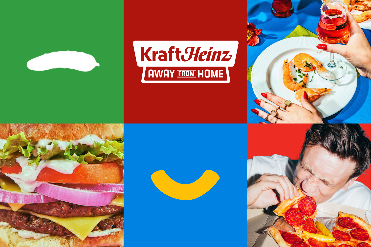 A woman holds a drink in her hand in front a plate of shrimps. The Kraft Heinz Away From Home logo in a meringue background. Bowl of Kraft Mac and Cheese. Half of sandwich with tomatoes, lettuce and cheese.