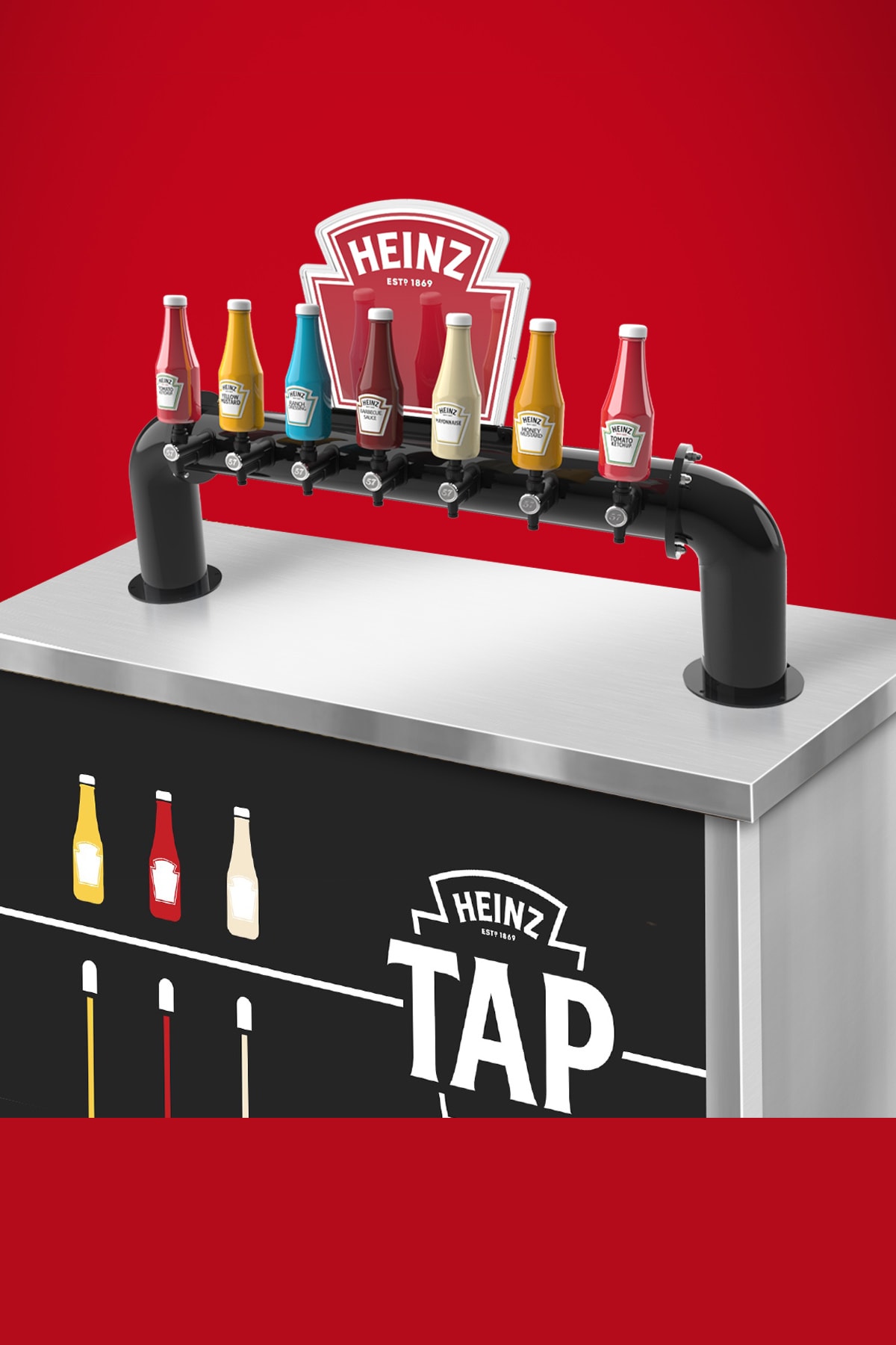 A Heinz Tap system with multiple condiment taps, including ketchup, mustard, mayonnaise, barbecue sauce and ranch, against a 