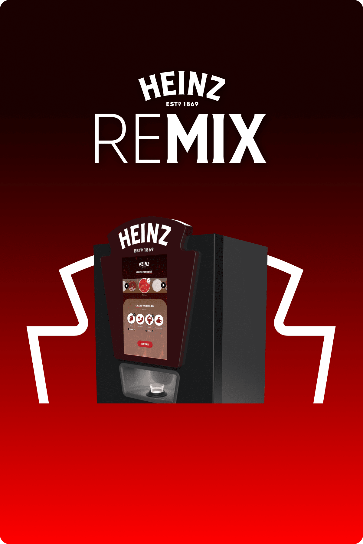 A Heinz Remix machine for customized condiments, offering various base and mix-in options on a red background