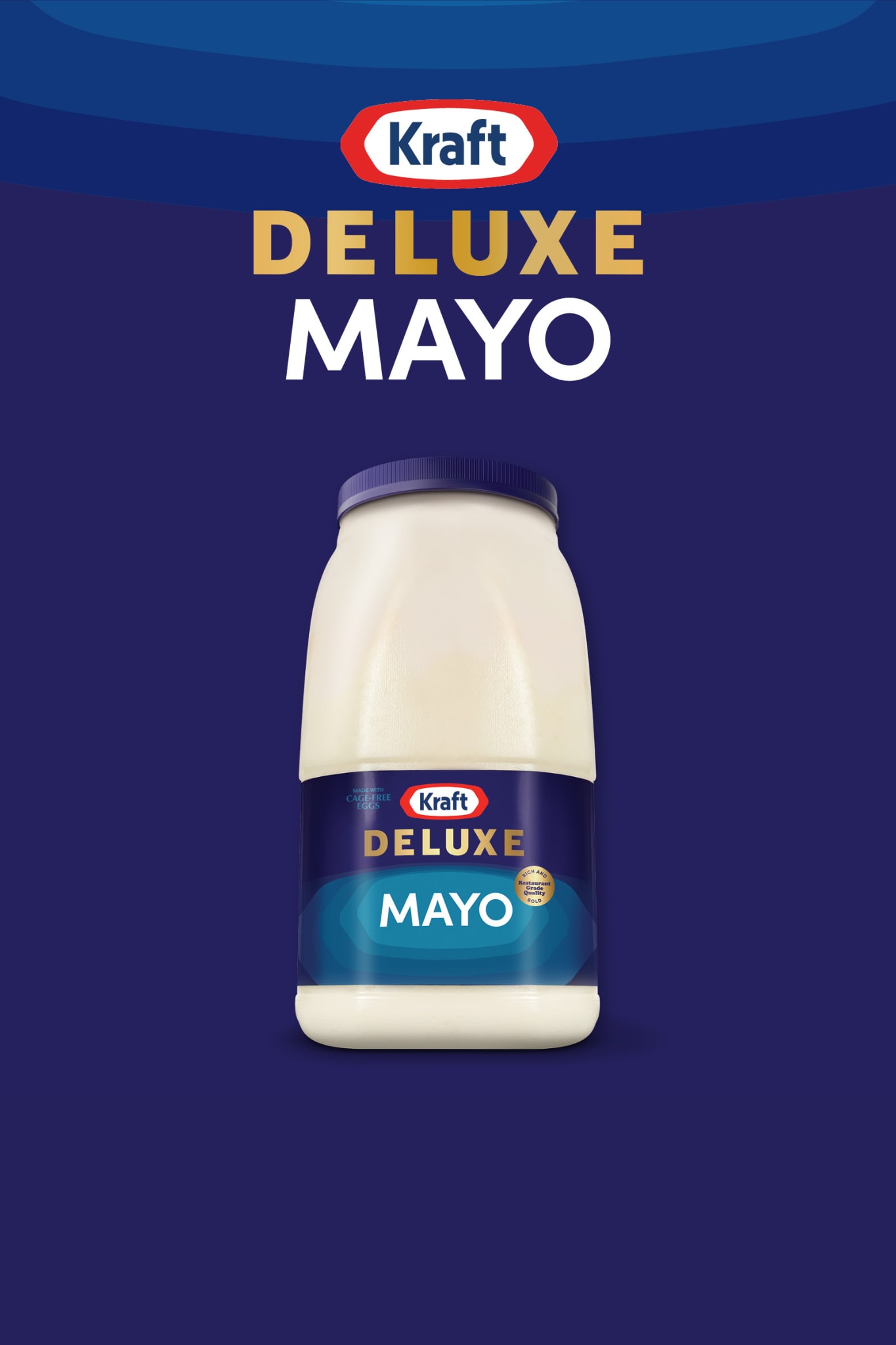 A jar of Kraft Deluxe Mayo on a blue background, emphasizing its rich and restaurant-grade quality.