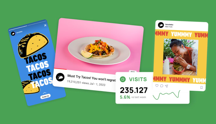 Promotional images for Tacoloko featuring tacos and visit metrics.