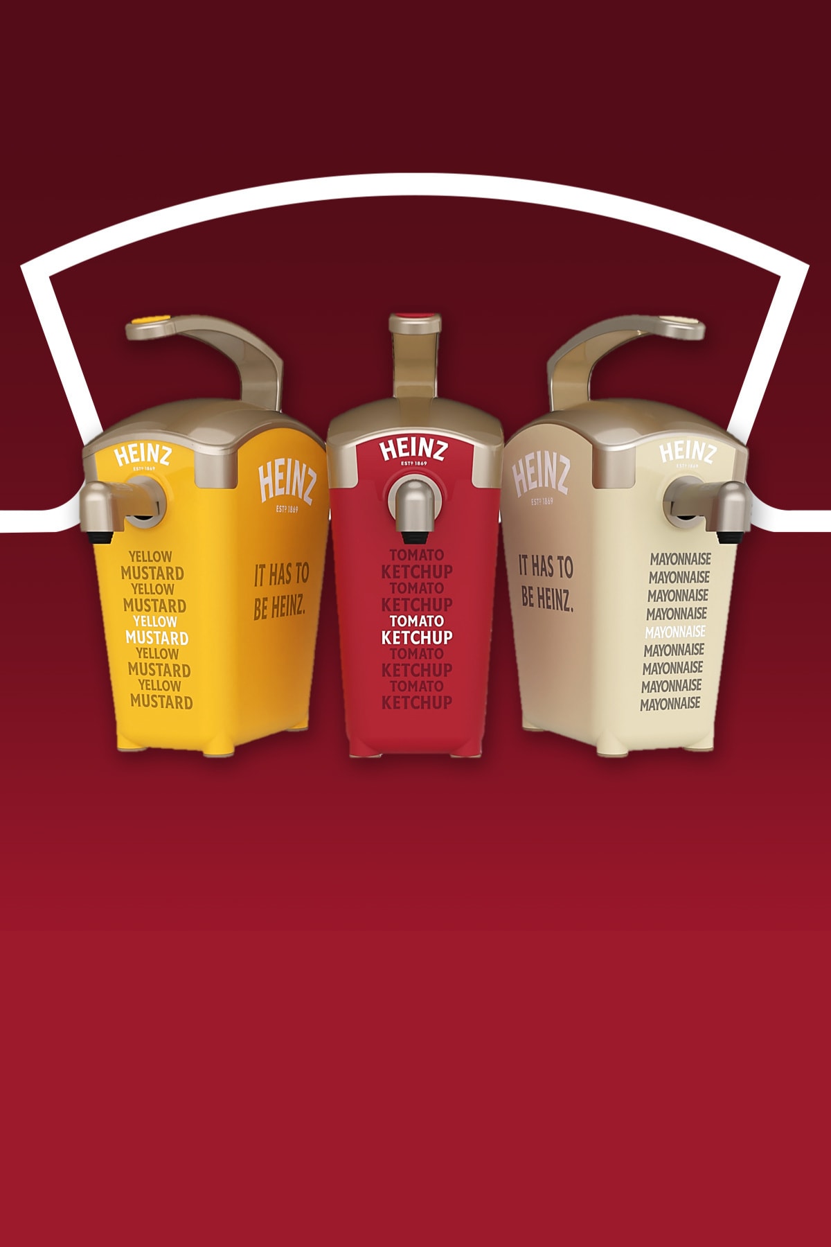 Three Heinz condiment dispensers (mustard, ketchup, and mayonnaise) lined up against a red background