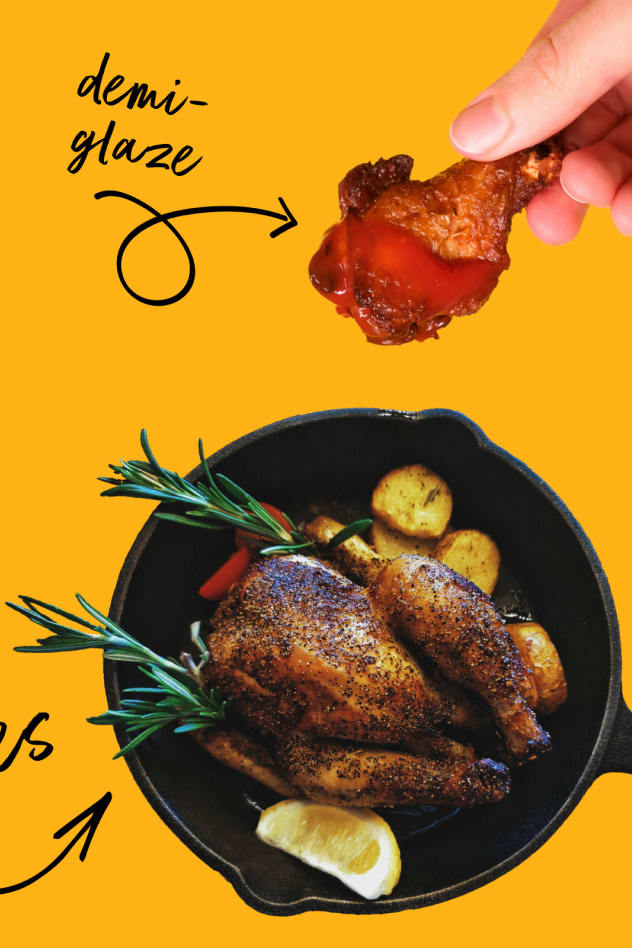 A hand holding a chicken drumstick and roast chicken in a cast iron skillet in front of a yellow background