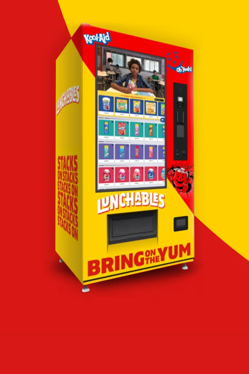 A vibrant yellow and red Lunchables vending machine filled with various Lunchables products and Kool-Aid.