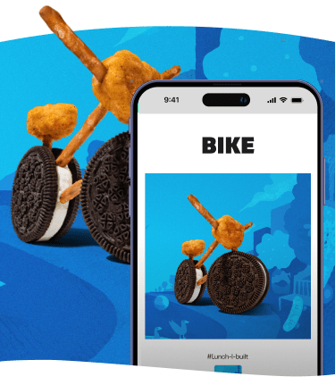 Oreo cookie bicycle with pretzel handlebars displayed on a phone.