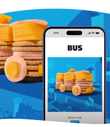 Autobus fait de biscuits, fromage et viande empilés, affiché sur un écran de téléphone.