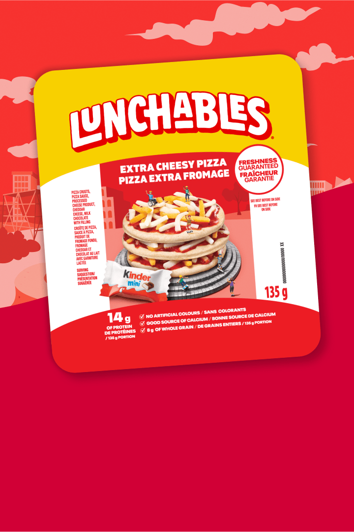 Lunchables Extra Cheesy Pizza + Kinder Treat: A delicious snack kit that contains cheese, pizza crusts for building mini pizzas, and a Kinder chocolate treat.