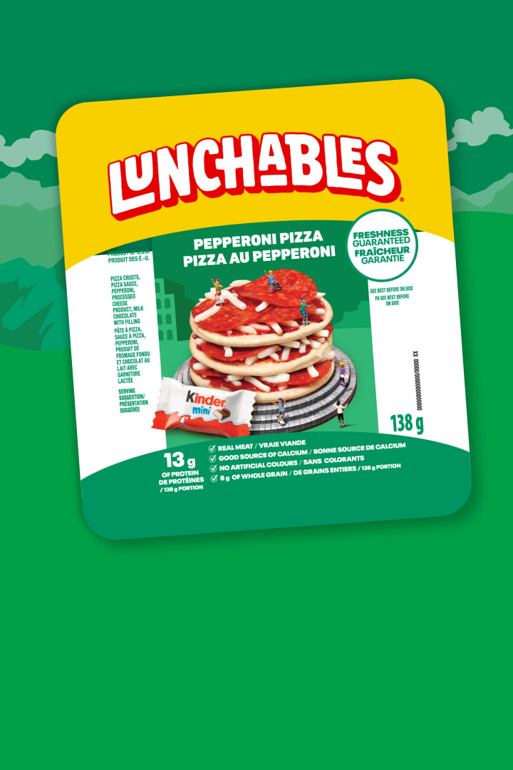 Lunchables Pepperoni Pizza + Kinder Treat: A fun and interactive snack with pepperoni slices, pizza crusts, and a Kinder chocolate treat.