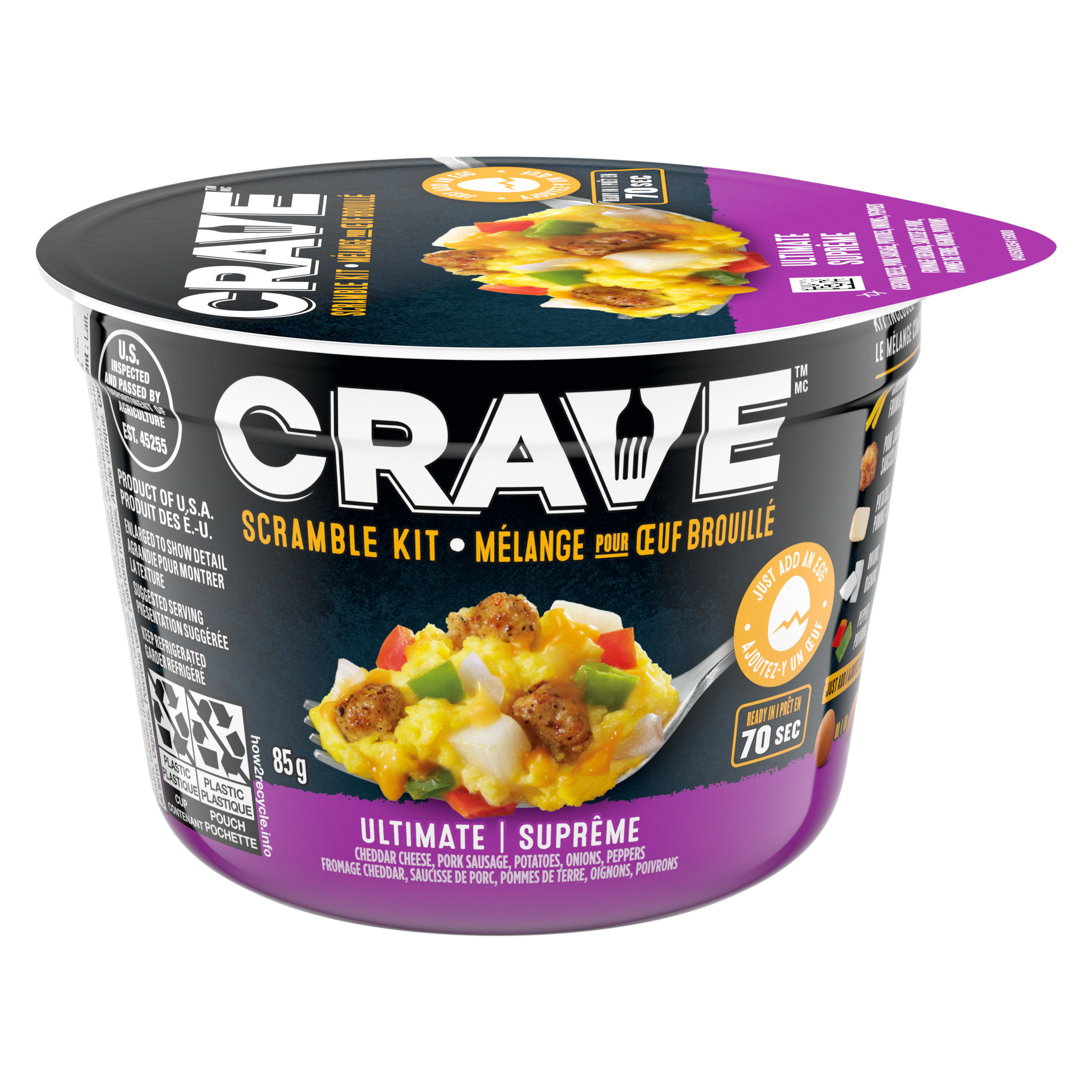 Kit bol déjeuner, Œufs brouillés avec fromage Cheddar, saucisses de porc, pommes de terre, oignons et poivrons, coupe de 85 g