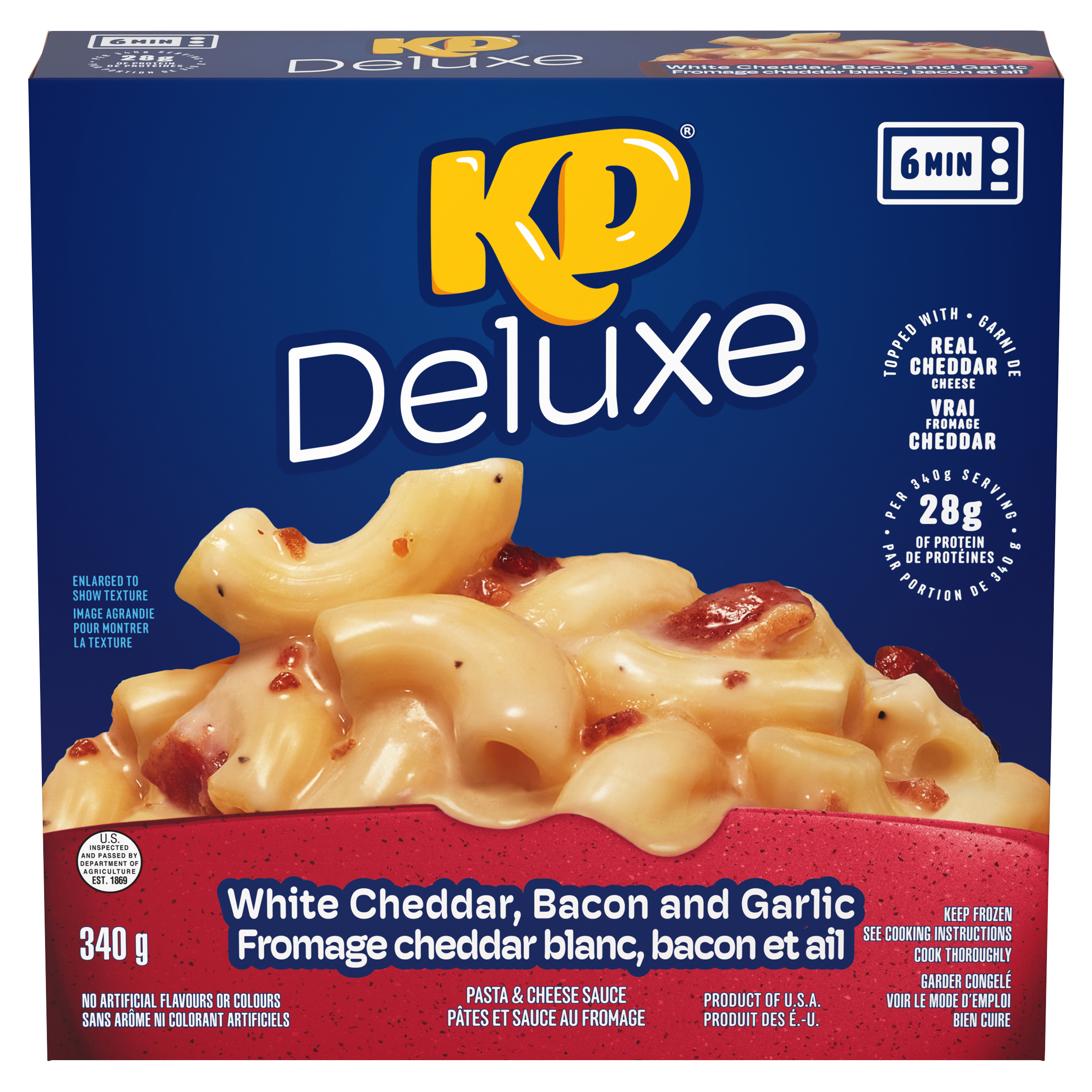 Macaroni et fromage au cheddar blanc, bacon et ail surgelé Deluxe 