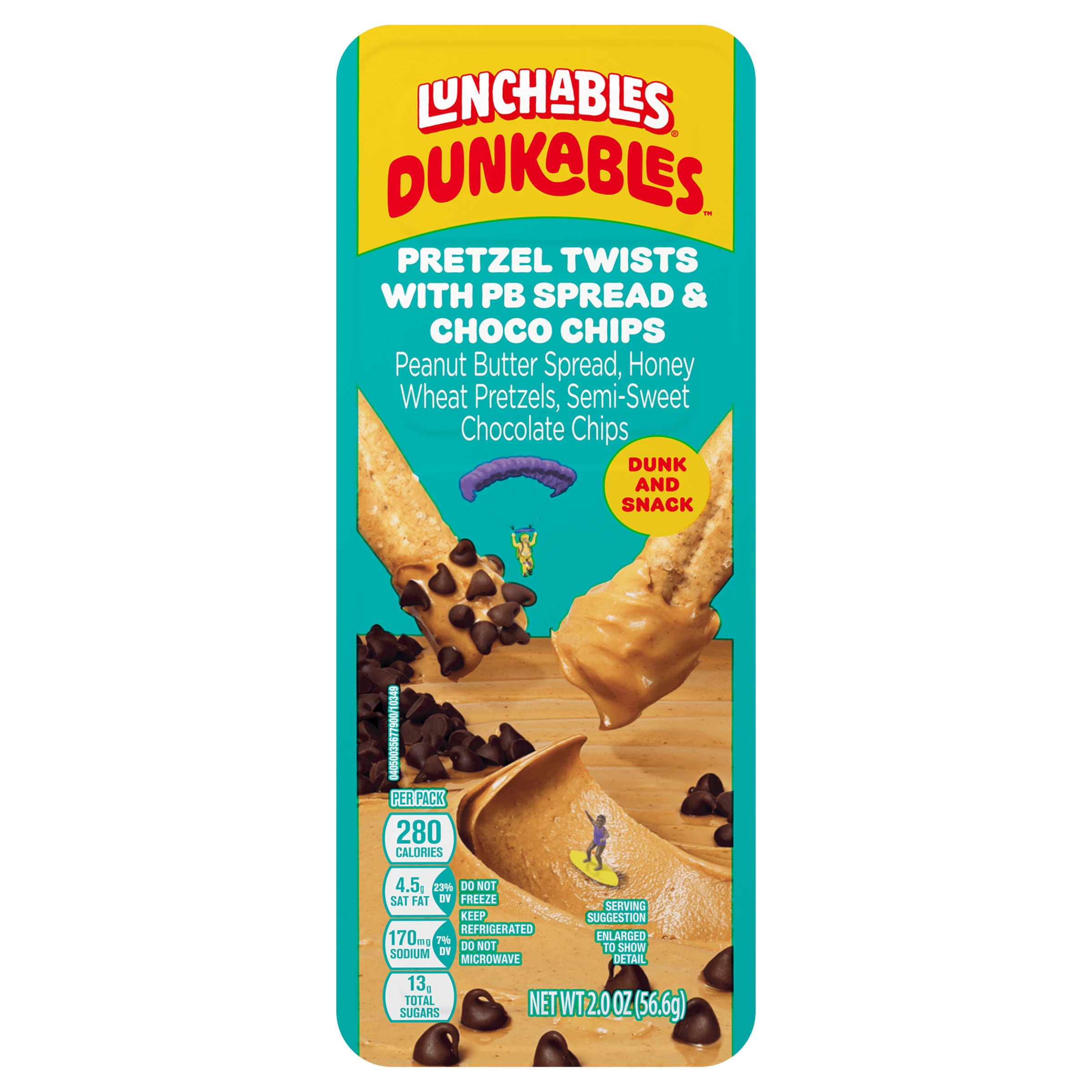 Lunchables Dunkables Pretzel Twists with PB Spread & Choco Chips: A sweet and savory snack featuring pretzel twists with pean