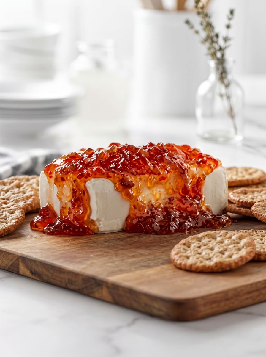  Red pepper jelly cascading over a block of cream cheese on a wooden board, served with crackers.
