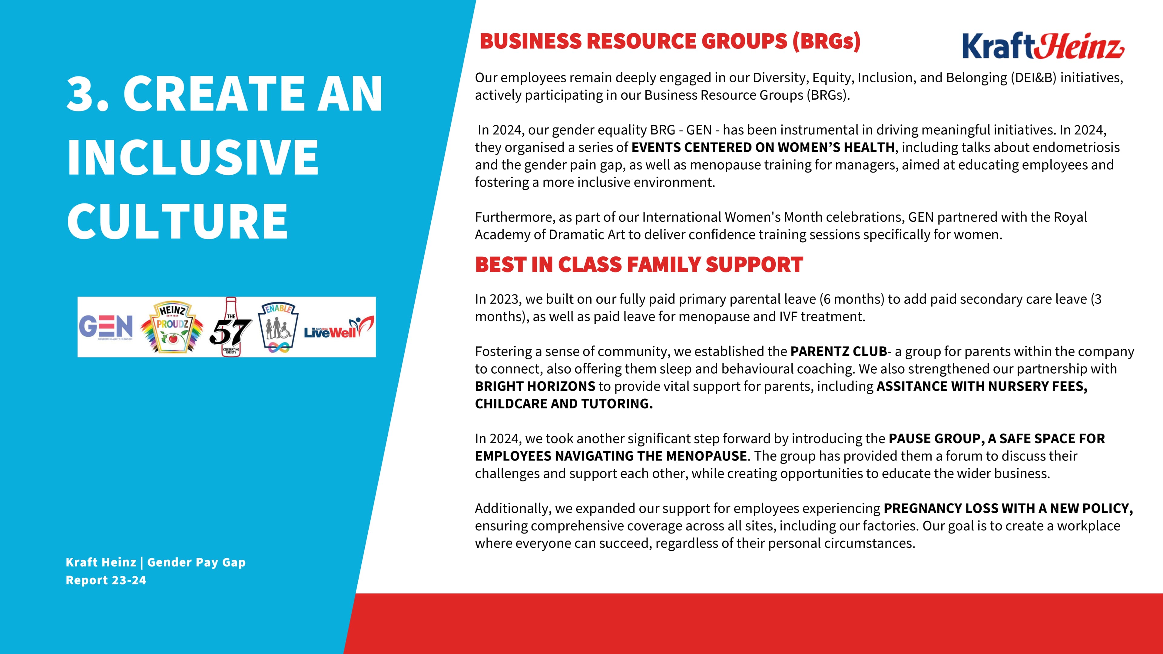 Image highlighting Kraft Heinz’s approach to fostering inclusivity through employee groups, family support initiatives, and p