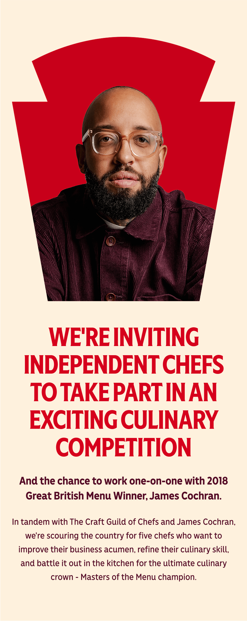 Promotional graphic showing James Cochran, with headline text inviting independent chefs to join an exciting culinary contest