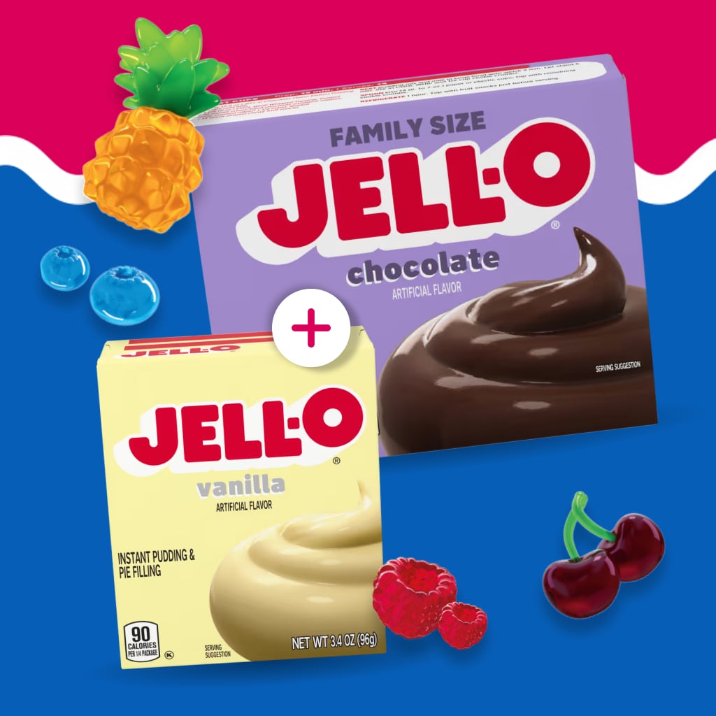  Jell-O Chocolate and Vanilla pudding mixes, surrounded by fruit candies and fresh raspberries and cherries.