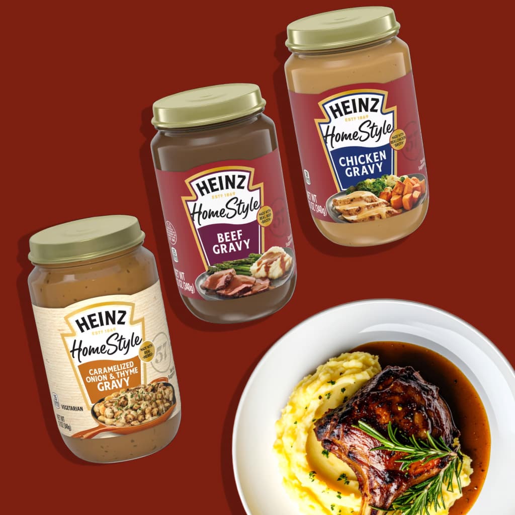 A vibrant image showcasing three jars of Heinz HomeStyle Gravy: Caramelized Onion & Thyme, Beef, and Chicken