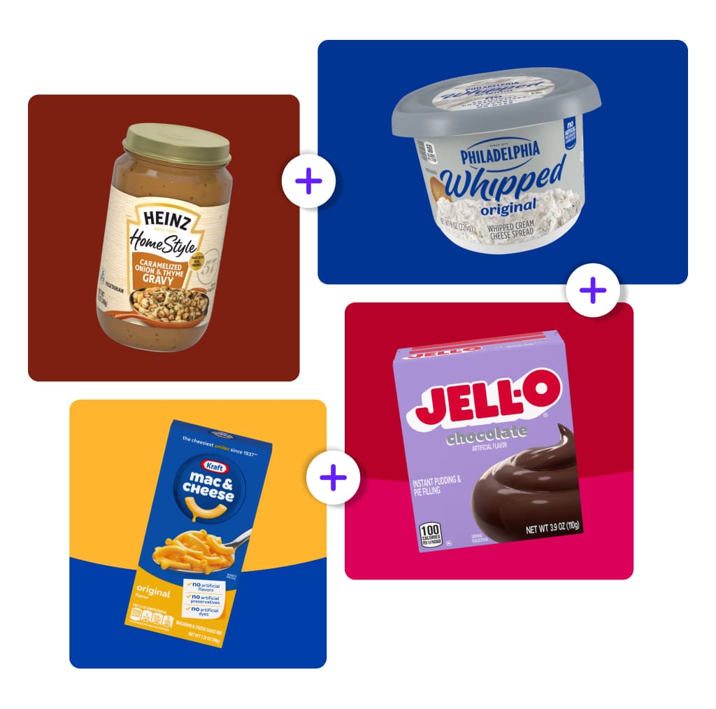 Kraft Heinz products: Gravy, whipped cream cheese, mac & cheese, and chocolate pudding.