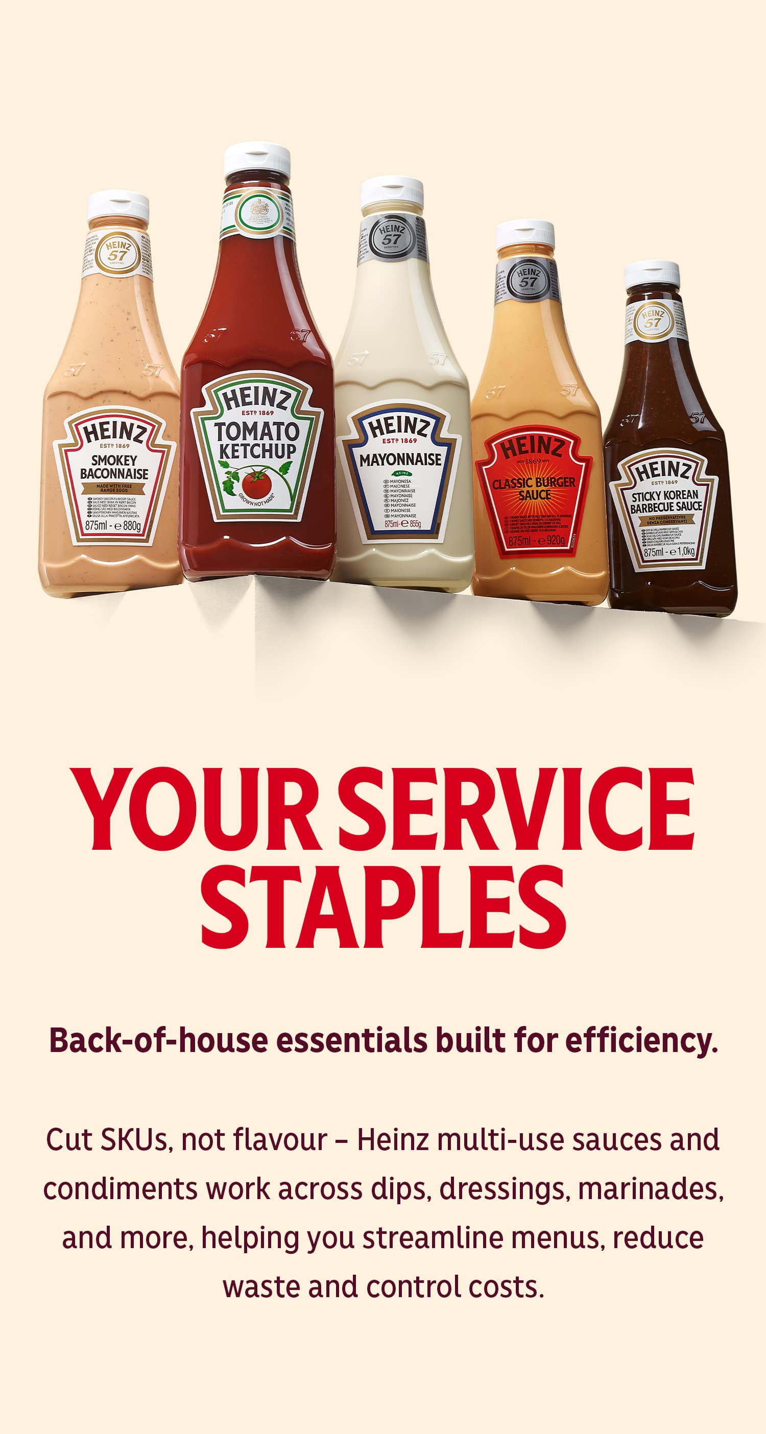 A lineup of Heinz sauces on Heinz Ceramic. "YOUR SERVICE STAPLES" Back-of-house essentials built for efficiency.