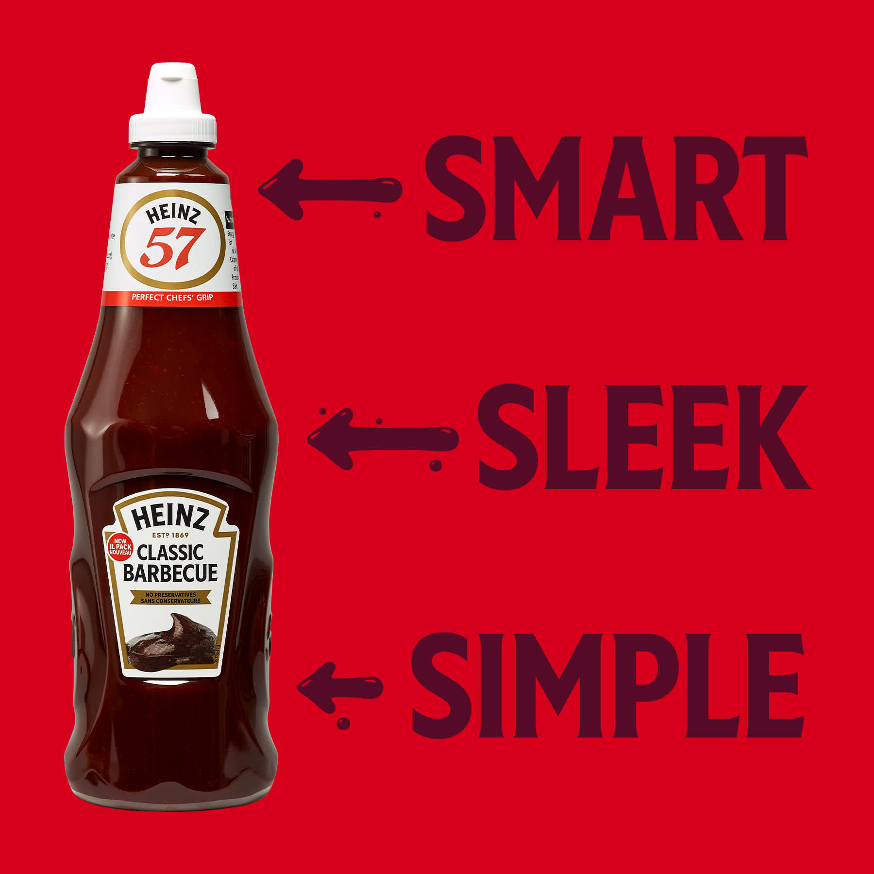 Heinz 1L Classic Barbecue sauce bottle and text on Heinz Red background. "SMART, SLEEK, SIMPLE".