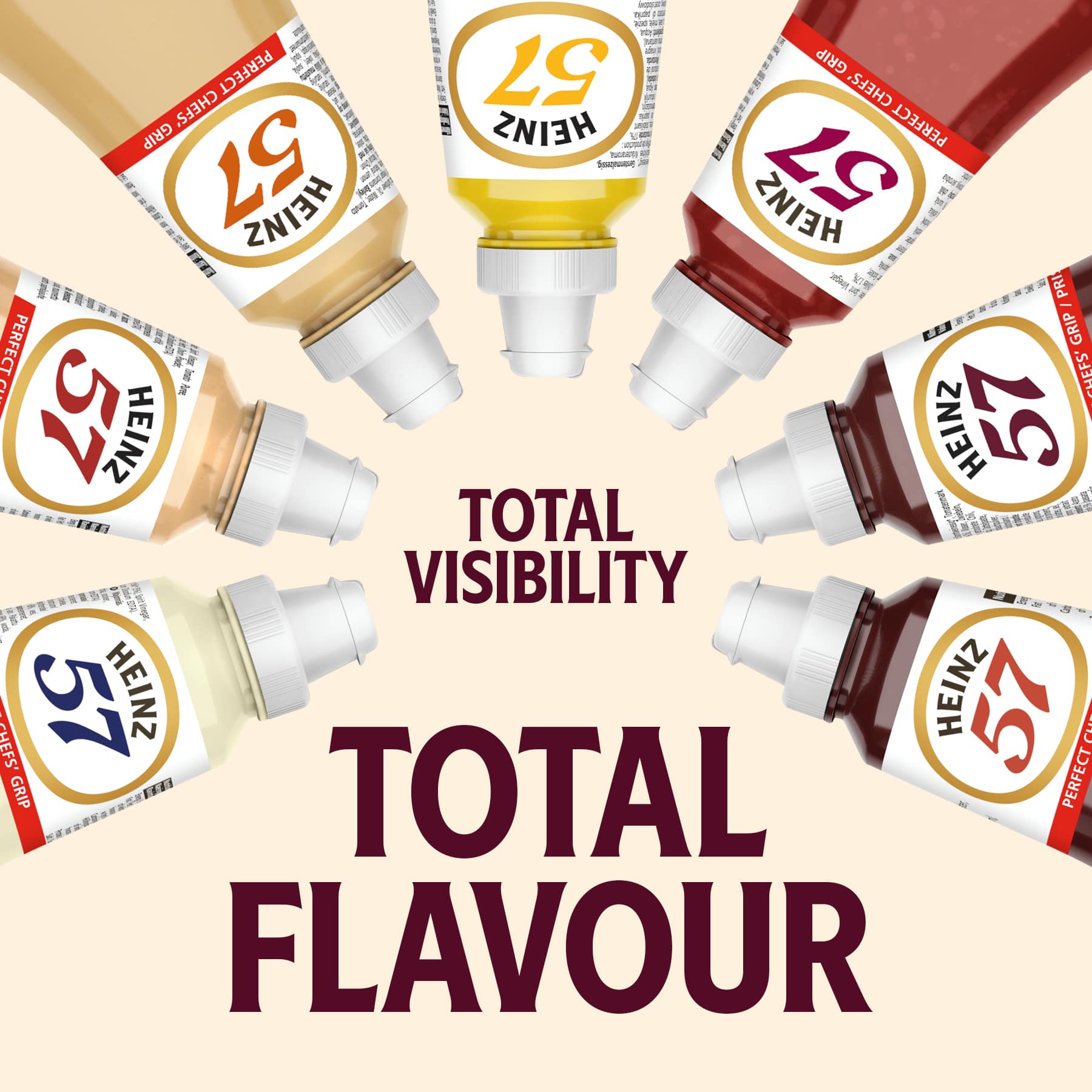 Image of Heinz 1L sauces and text on Heinz Ceramic background. "TOTAL VISIBILITY, TOTAL FLAVOUR". 