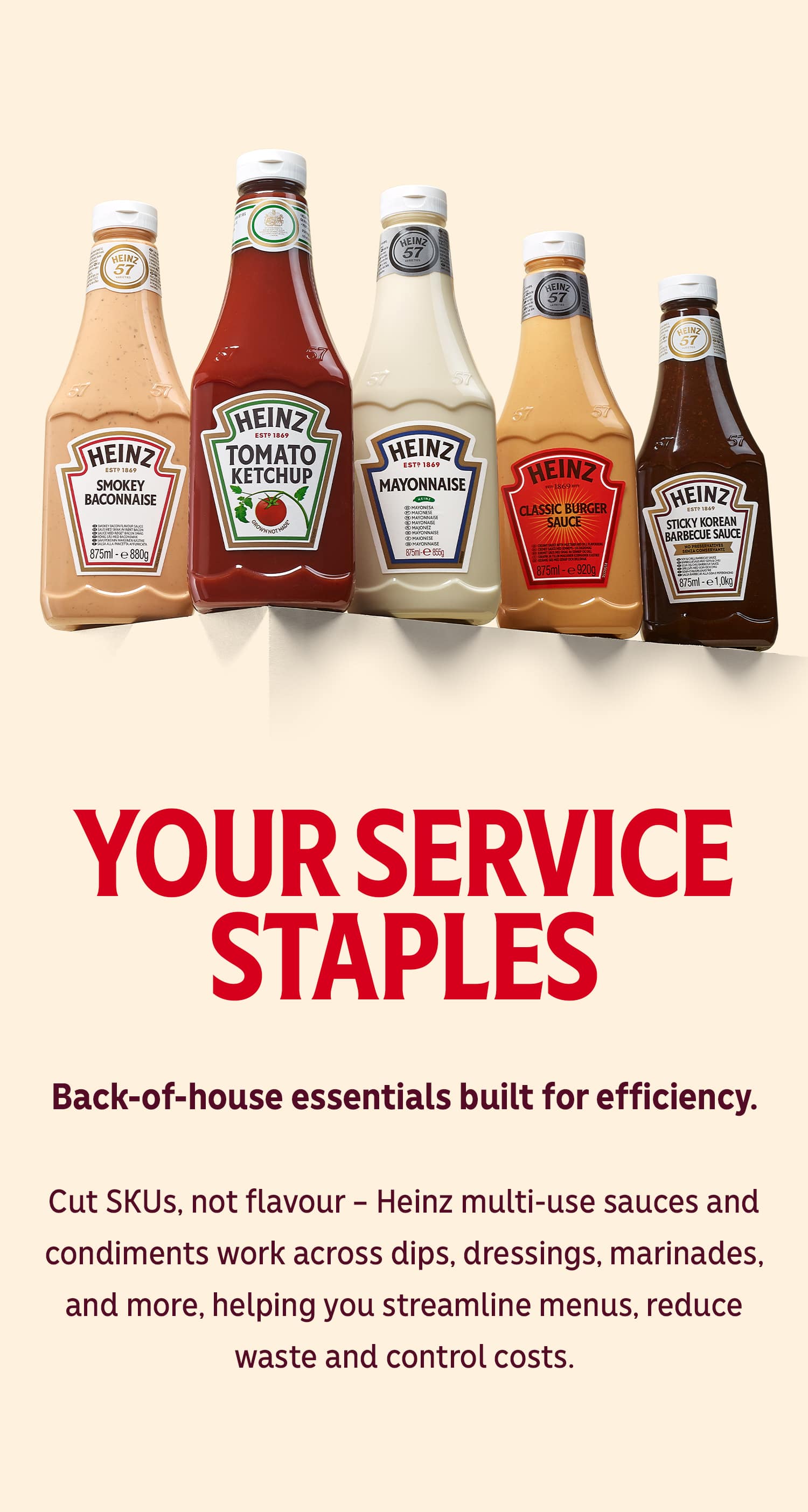 A lineup of Heinz sauces on Heinz Ceramic. "YOUR SERVICE STAPLES" Back-of-house essentials built for efficiency.