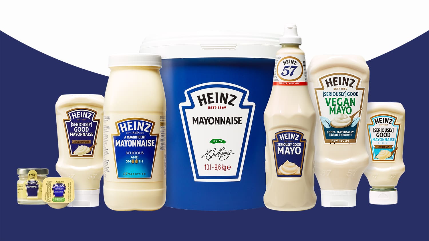 Range of Heinz Mayo products on white and Heinz blue. Delivering consistent texture & flavour in the kitchen.