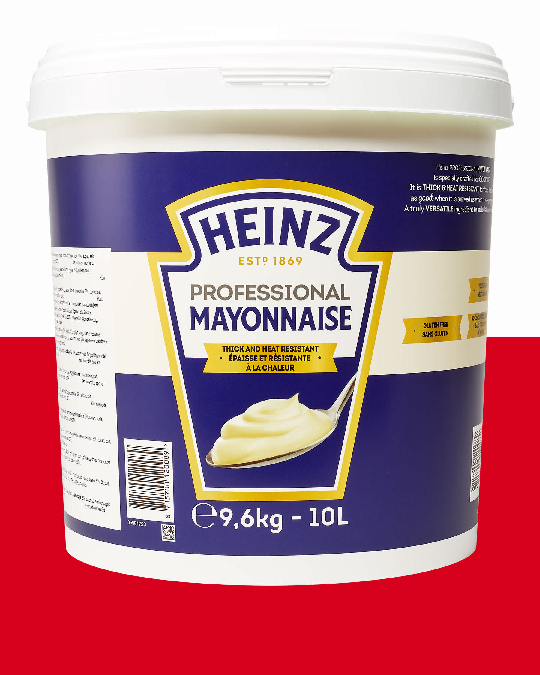 A 10L tub of Heinz Professional Mayonnaise, thick and heat resistant, suitable for professional cooking.