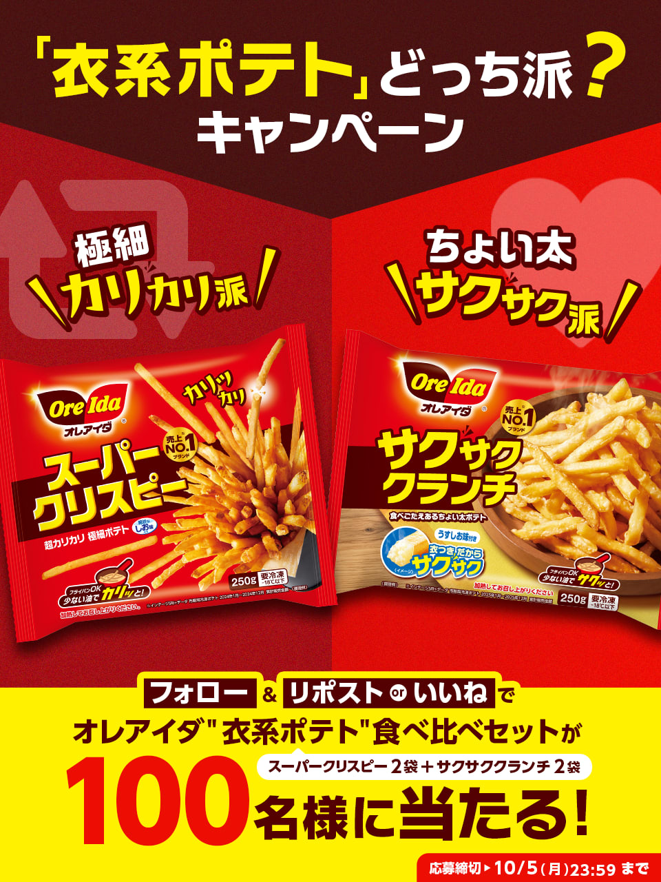 赤と黄色の広告画像。中央に「あなたはどっち派？」と書かれ、左に「サクサククランチ」、右に「スーパークリスピー」の商品パッケージを配置。下部には「衣系ポテトどっち派キャンペーン」の黄色いリボンが描かれています。