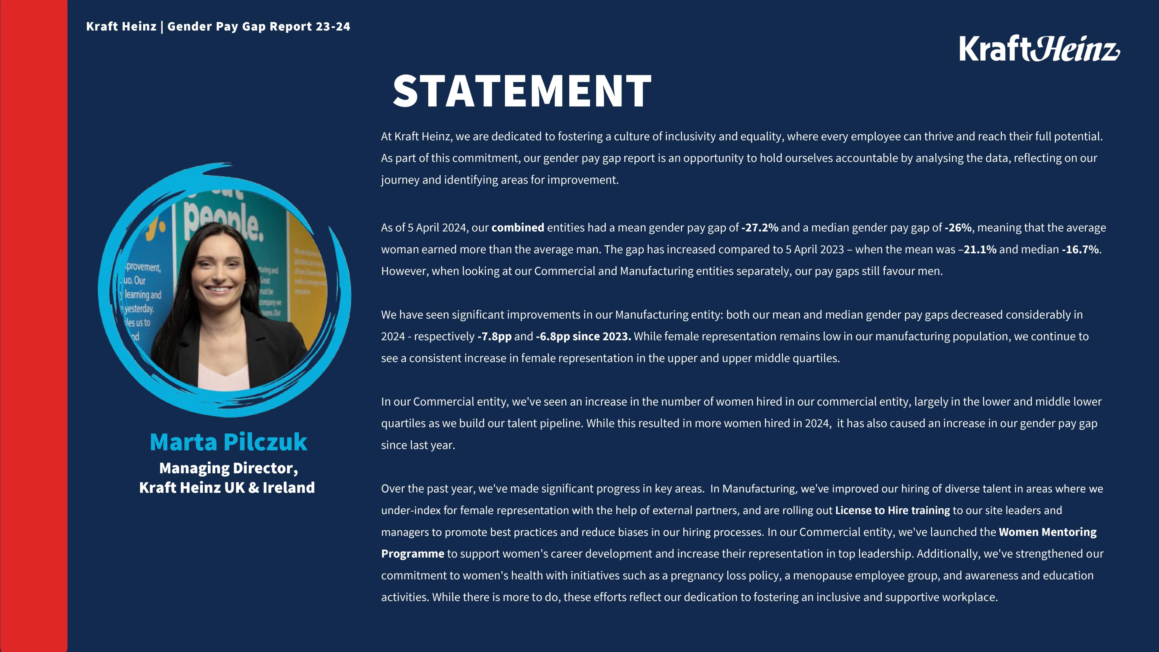 Marta Pilczuk's statement in the Kraft Heinz UK & Ireland Gender Pay Gap Report 23-24, emphasizing dedication to inclusivity 