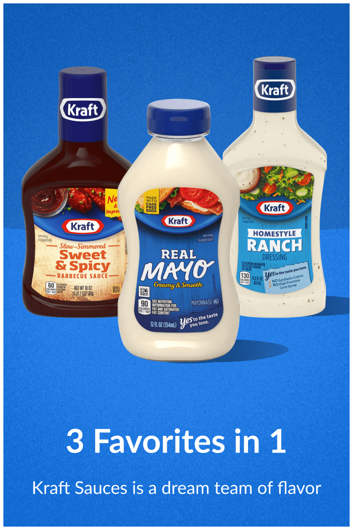 Three Kraft sauces: BBQ, Mayo, and Ranch, on a blue background.