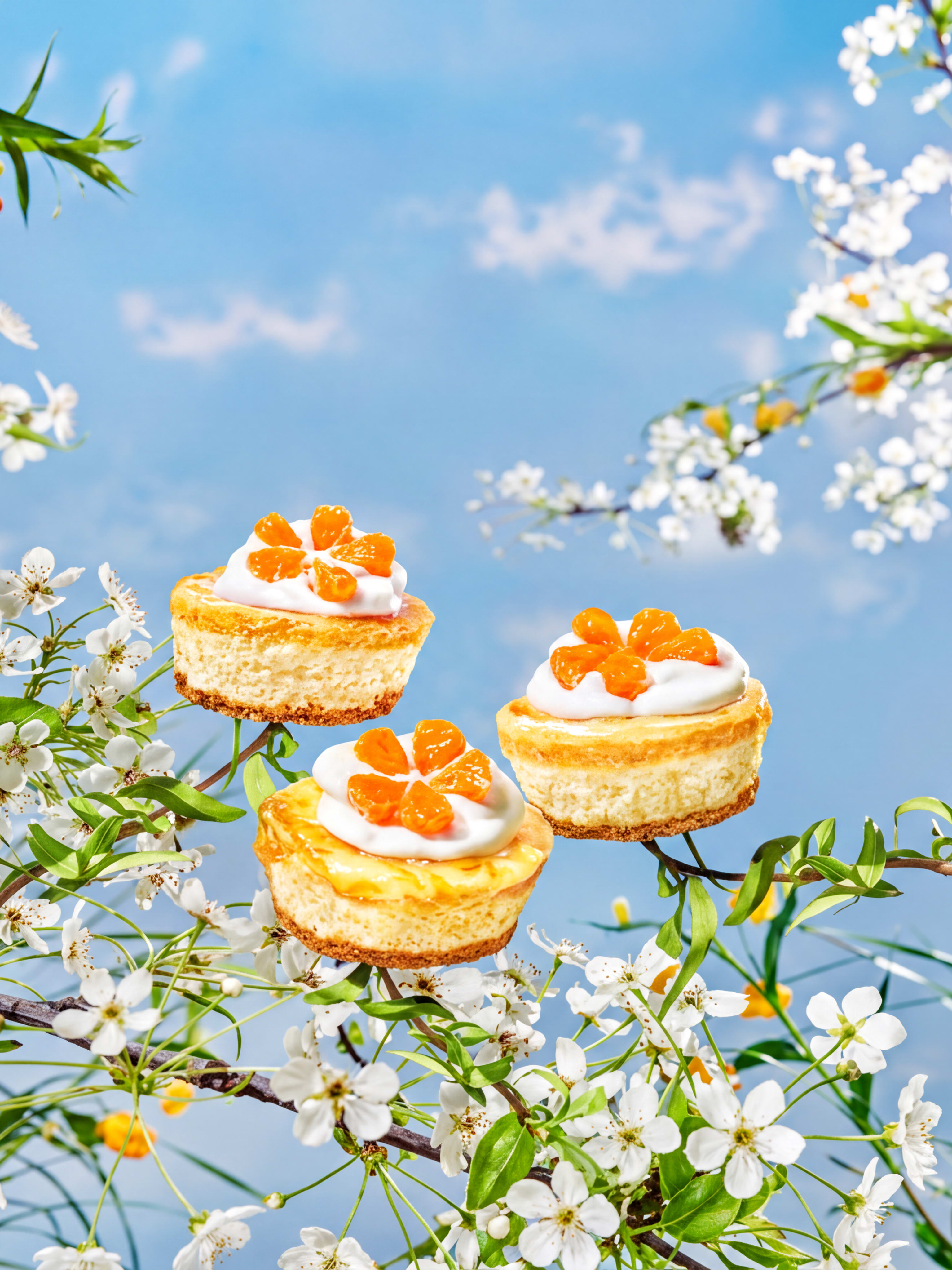Three mini orange-topped cheesecakes floating among white blossoms against a bright blue sky.