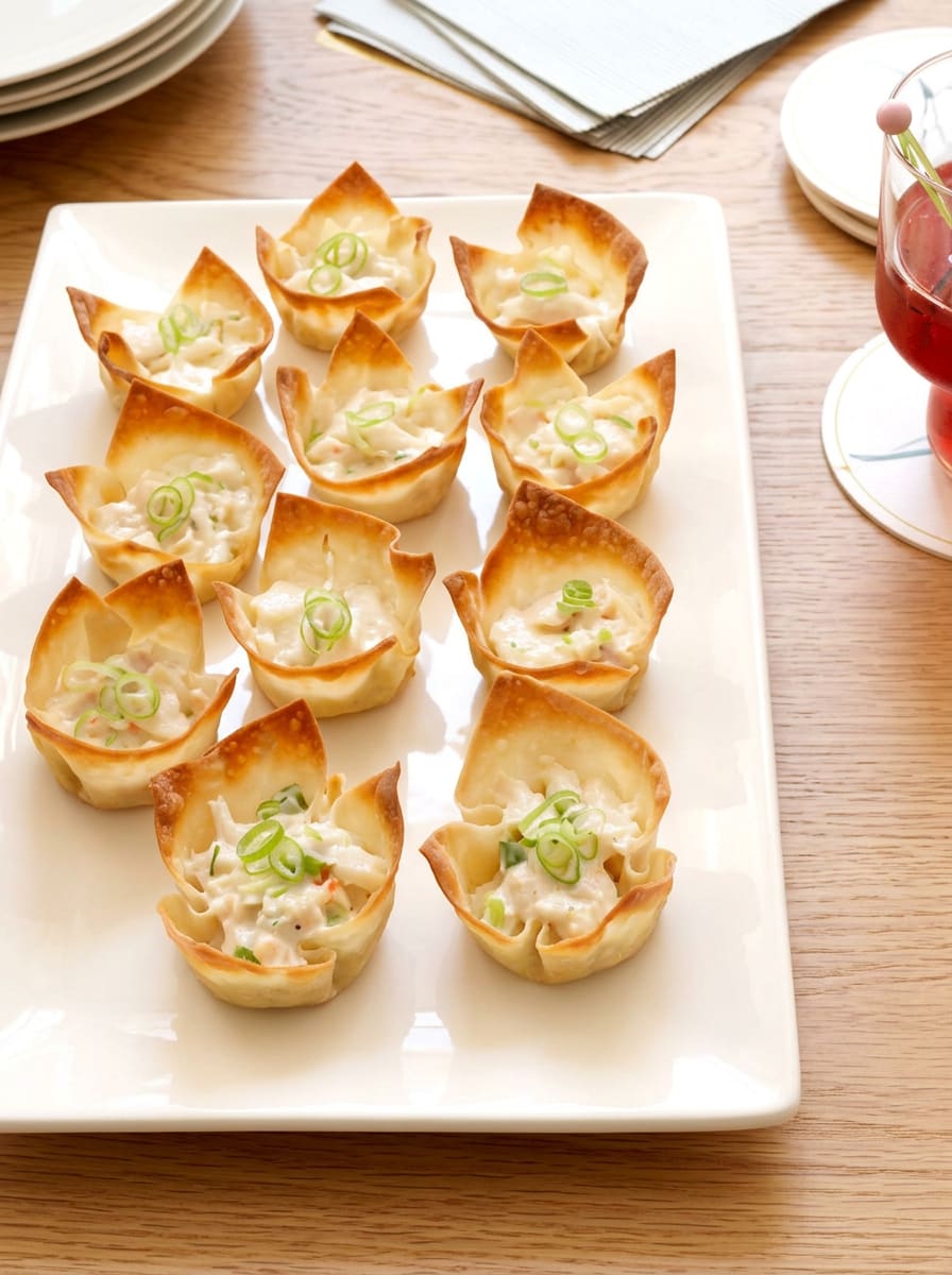 Crispy wonton cups filled with a creamy dip and garnished with sliced green onions on a rectangular white platter.