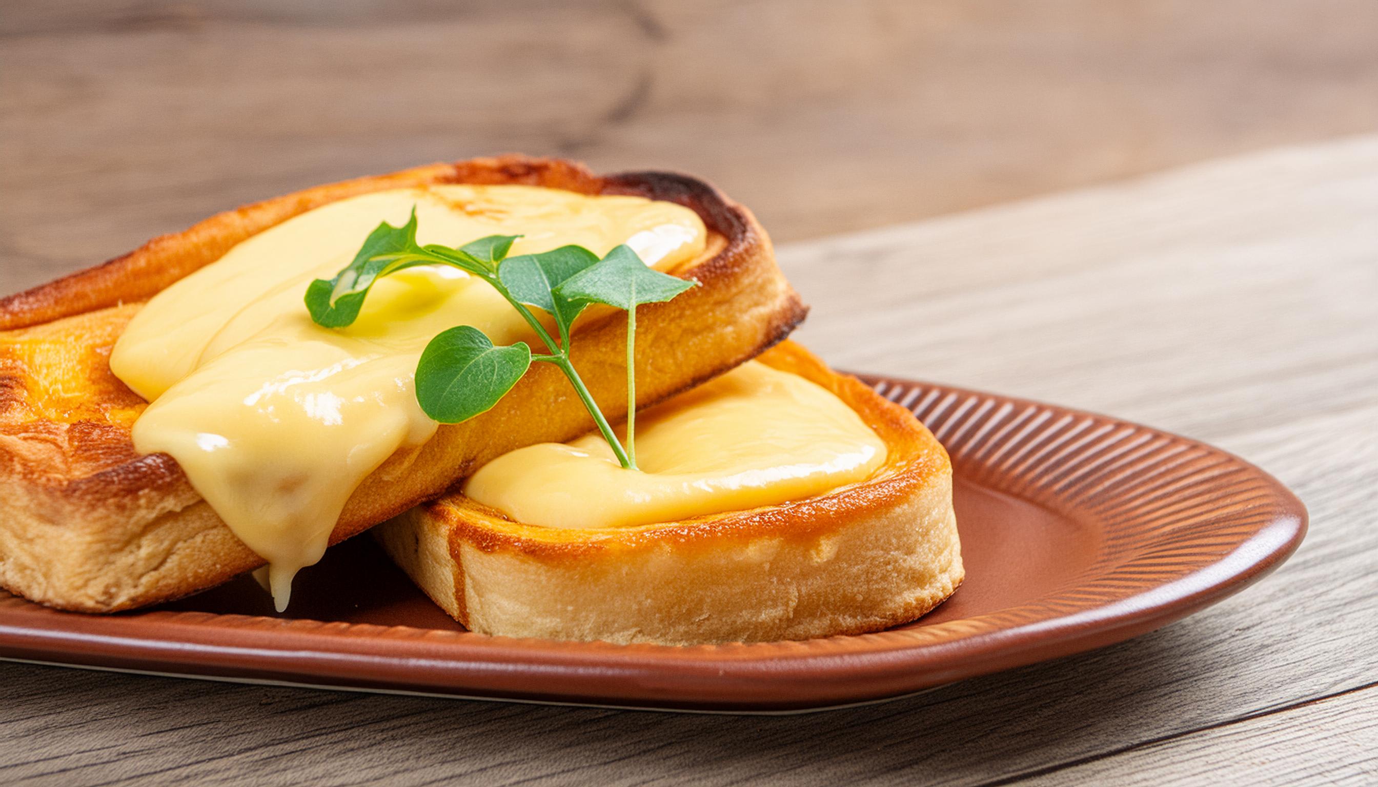 Thick slices of toasted bread topped with melted cheese and fresh greens.