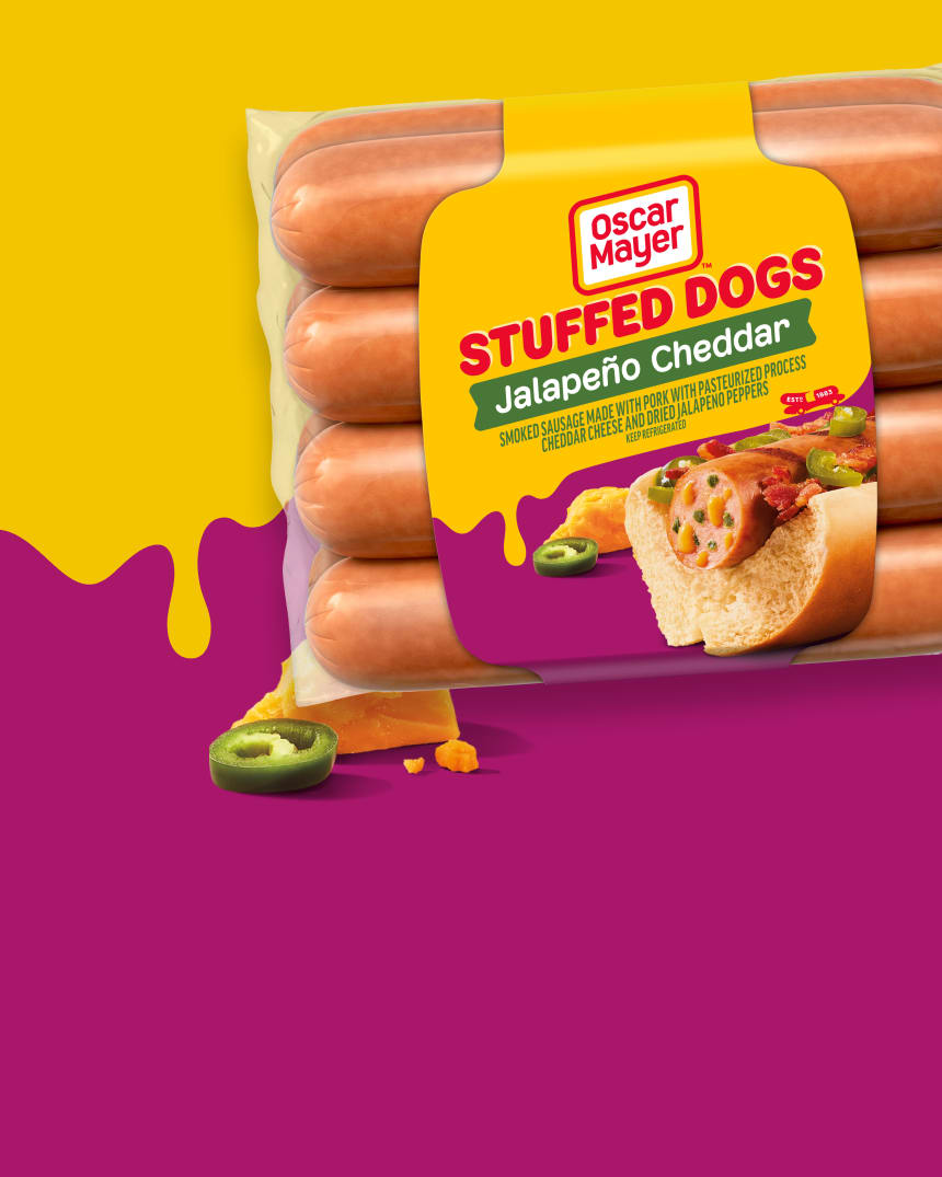 Oscar Mayer Stuffed Dogs Jalapeño Cheddar, smoked sausage made with pork with pasteurized process cheddar cheese and dried ja