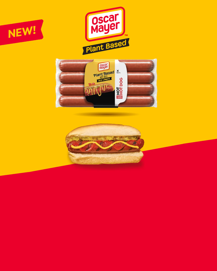 Oscar Mayer Plant-Based Hot Dogs in packaging and in a bun with mustard and pickles.
