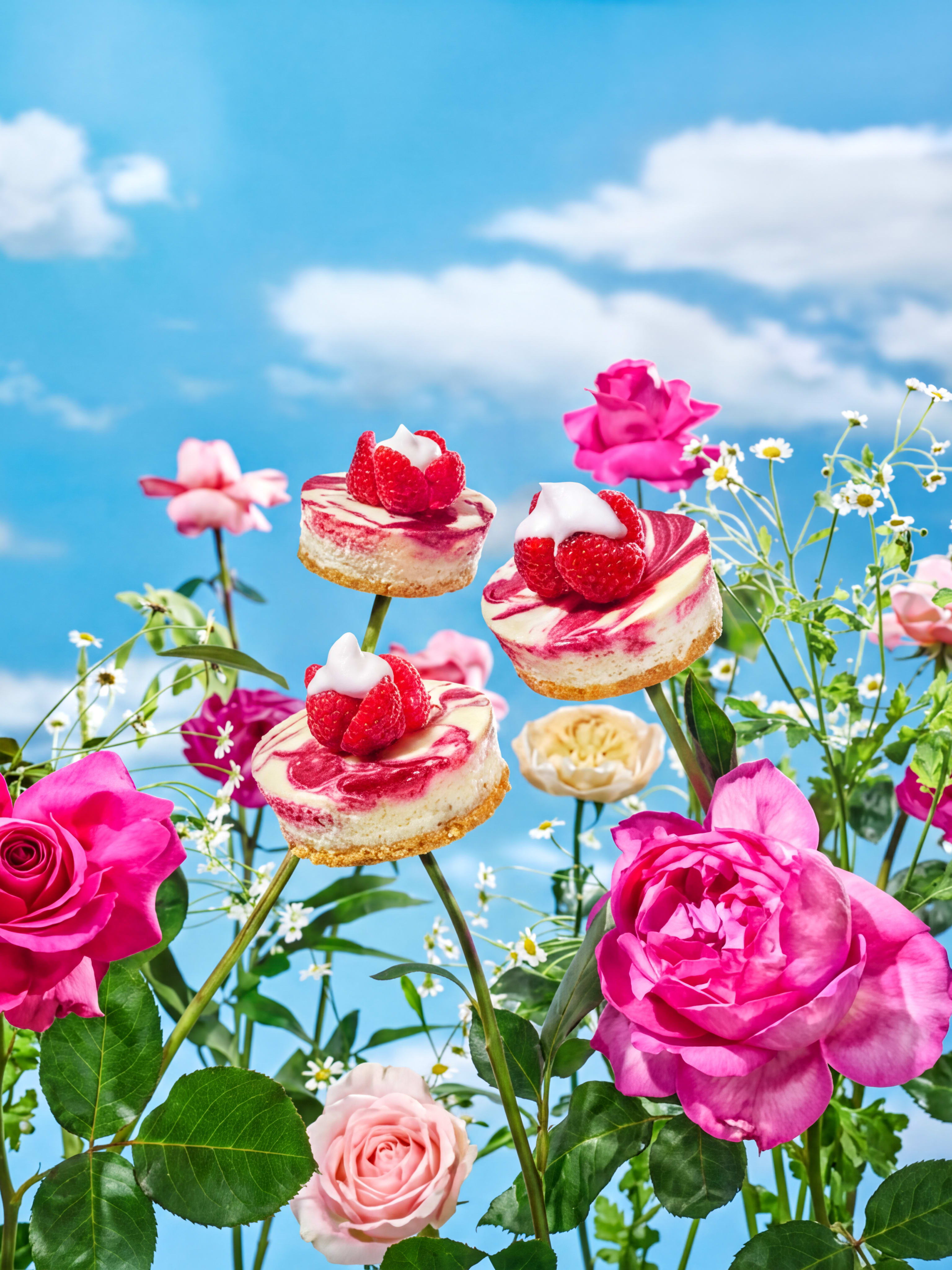 Three raspberry-swirled mini cheesecakes appear to float among pink roses under a bright blue sky.