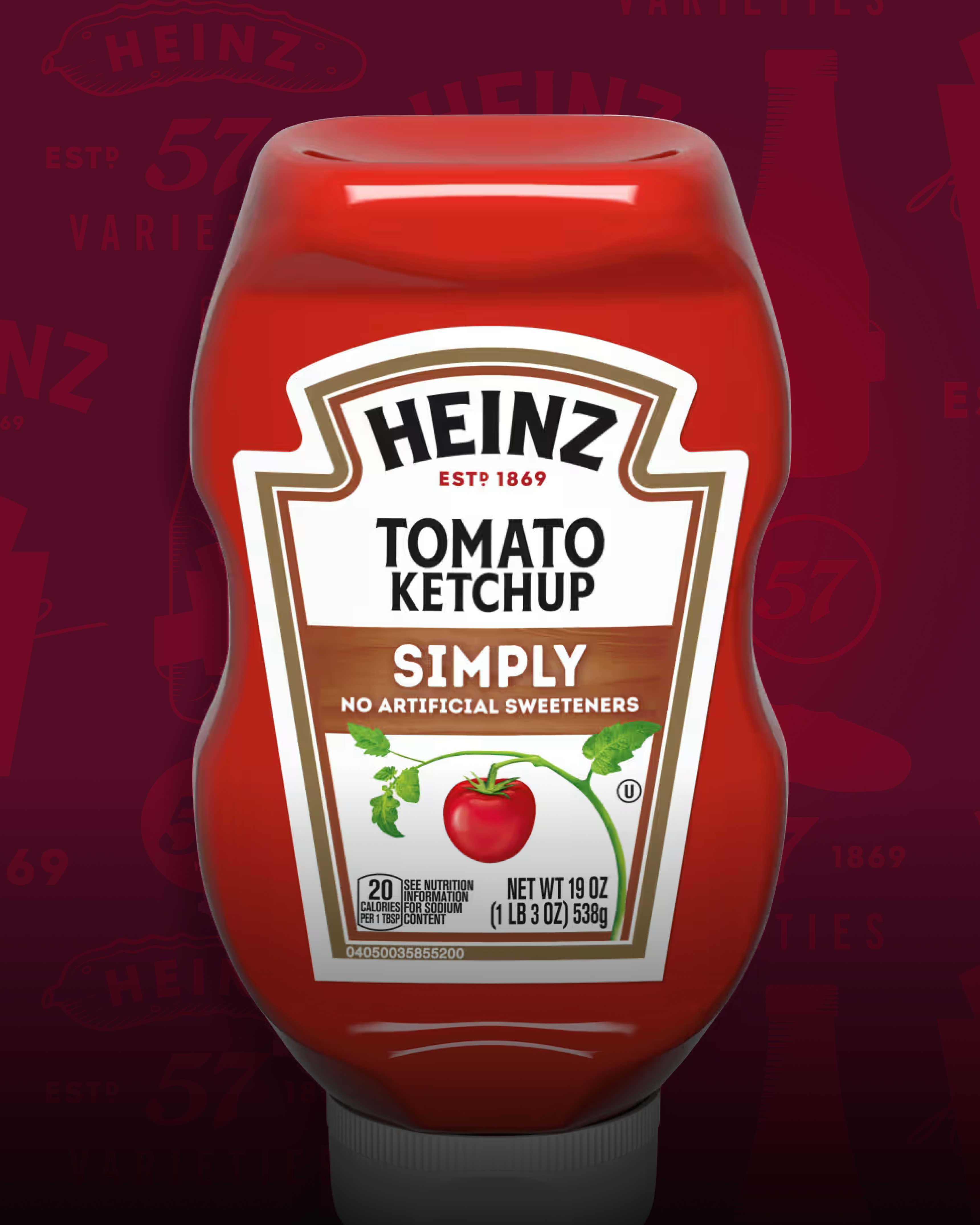 A bottle of Heinz Simply Tomato Ketchup, red with a white and brown label, featuring a fresh tomato illustration.