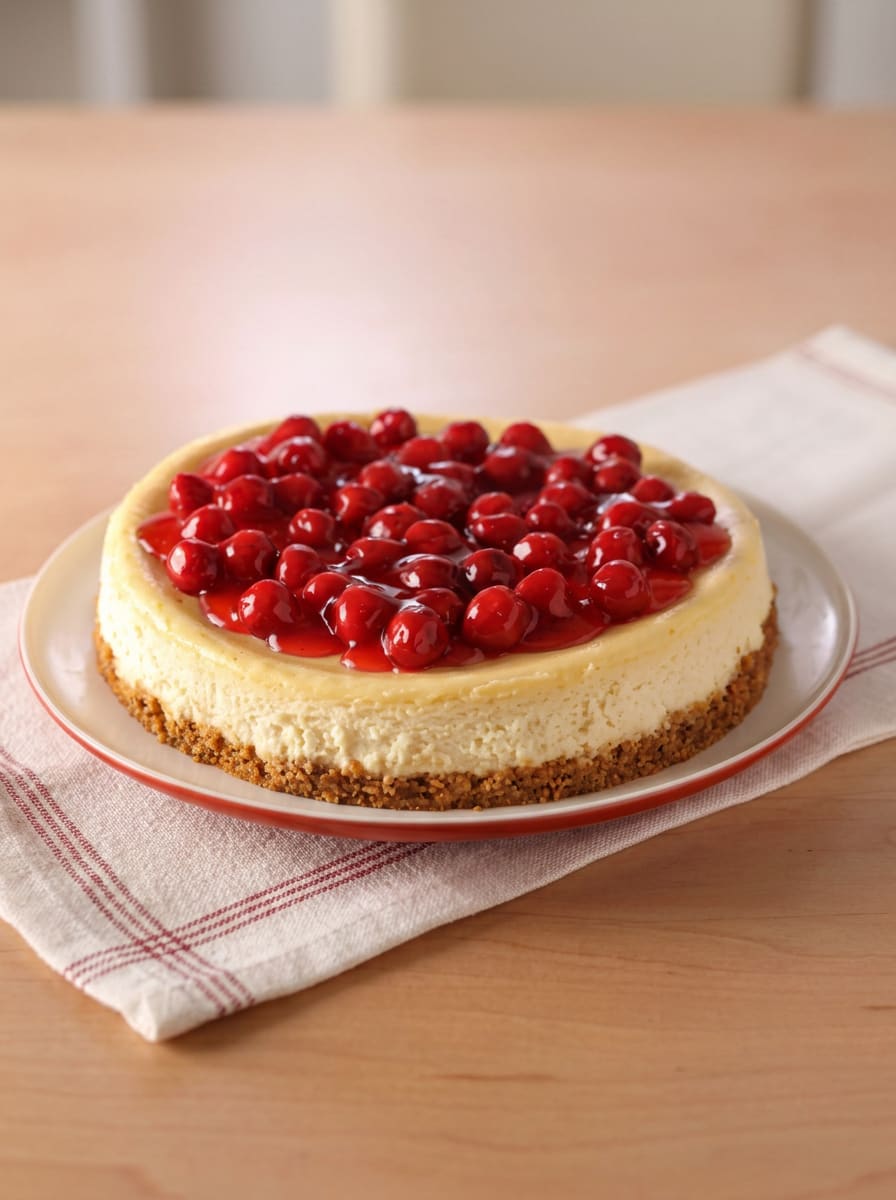 Classic cheesecake with a graham cracker crust, topped with cherry pie filling, served on a red-rimmed plate.
