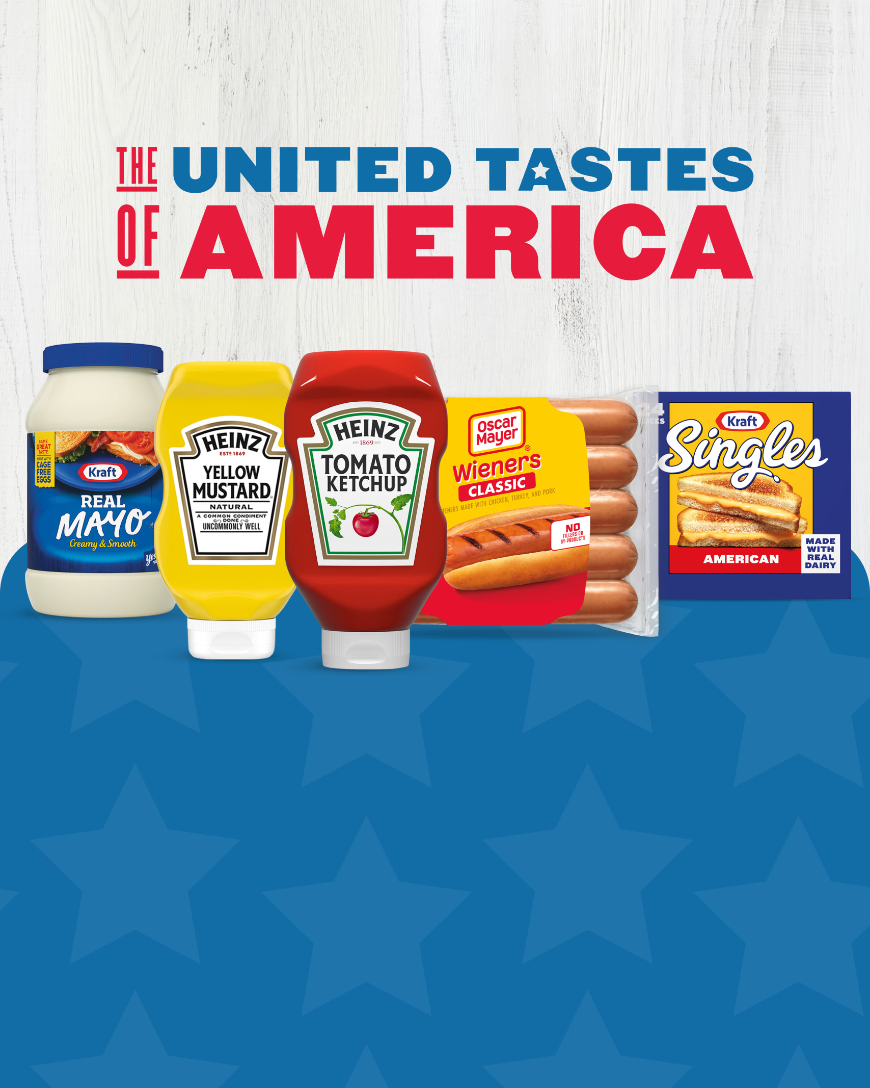 Kraft Mayo, Heinz Mustard and Ketchup, Oscar Mayer Wieners, and Kraft Singles under a United Tastes of America banner.