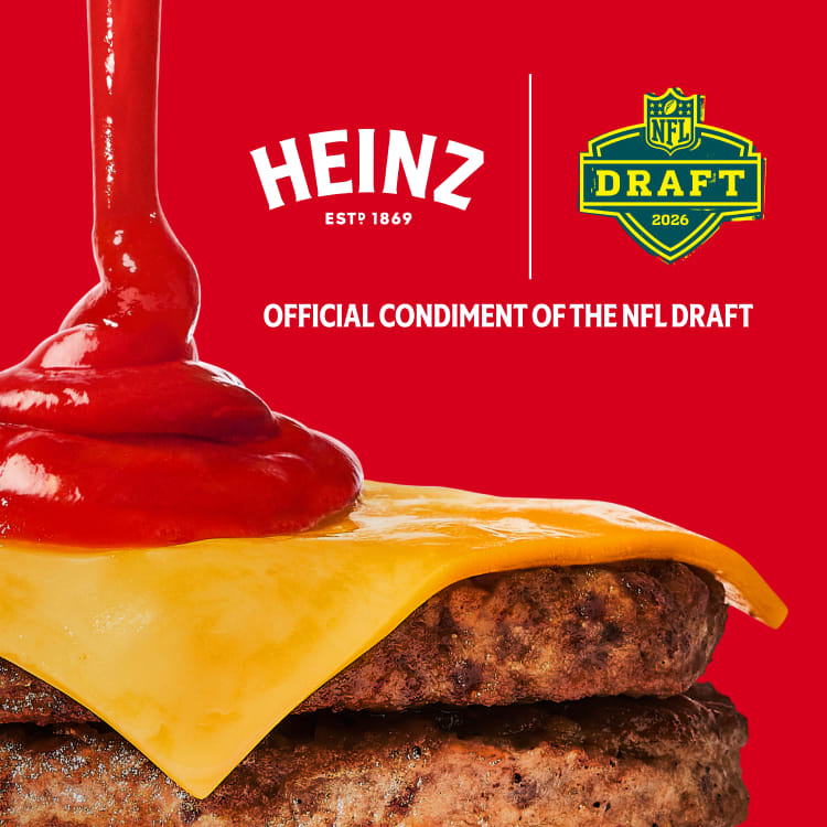Heinz ketchup poured on a cheeseburger with Heinz and NFL Draft 2026 logos and Official Condiment of the NFL Draft text