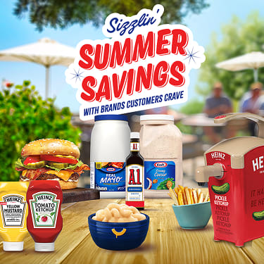 Sizzlin' Summer Savings: Heinz Ketchup, Kraft Mayo, A.1. Sauce, and Caesar dressing with a burger and fries on a sunny patio.
