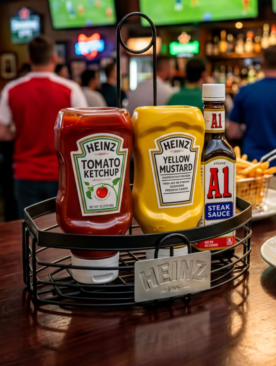 Heinz Tomato Ketchup, Yellow Mustard, and A.1. Steak Sauce in a branded caddy on a table with a lively sports bar background.