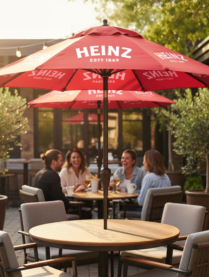 Four friends laugh and share a meal under red Heinz patio umbrellas at a sun-drenched outdoor restaurant terrace.