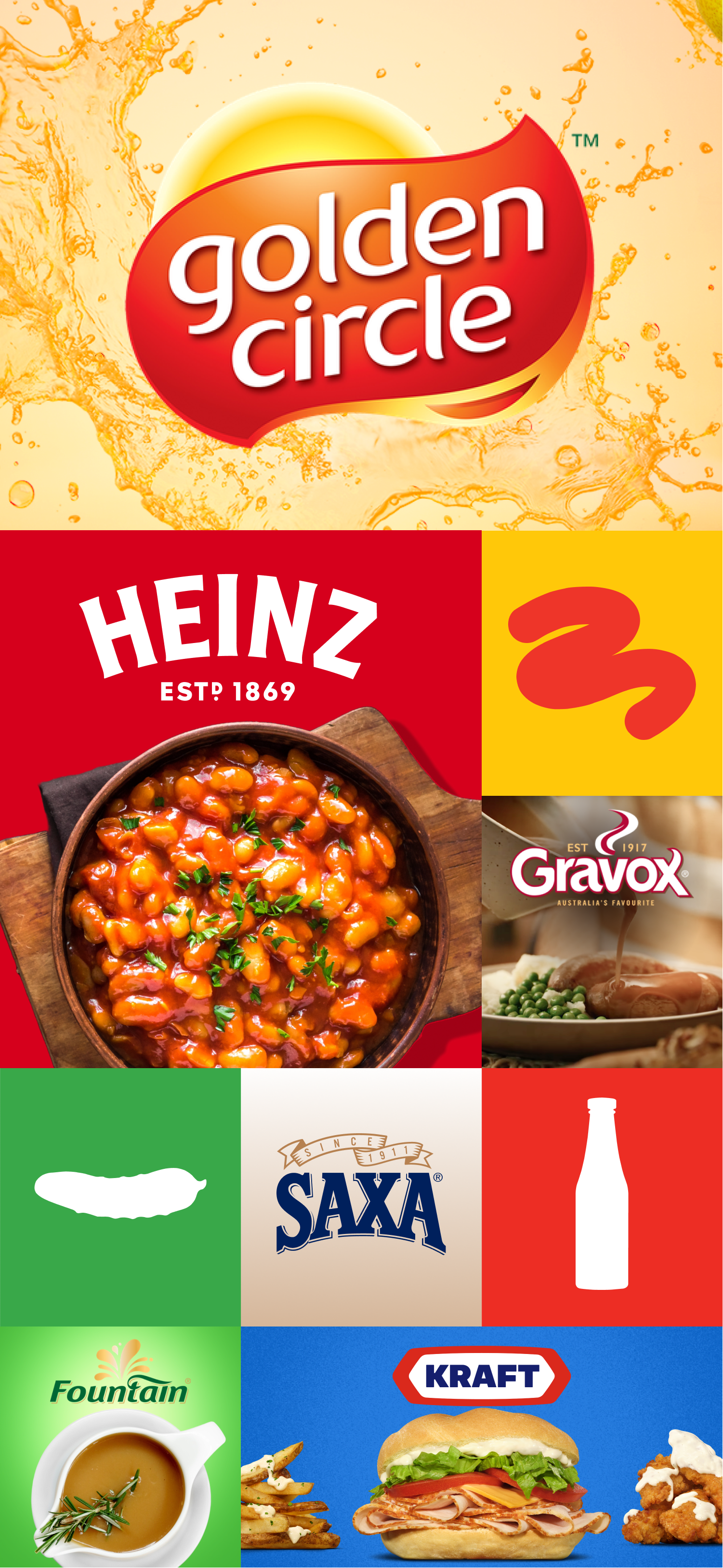 Collage of various food products such as beans, sauces, and pickles.