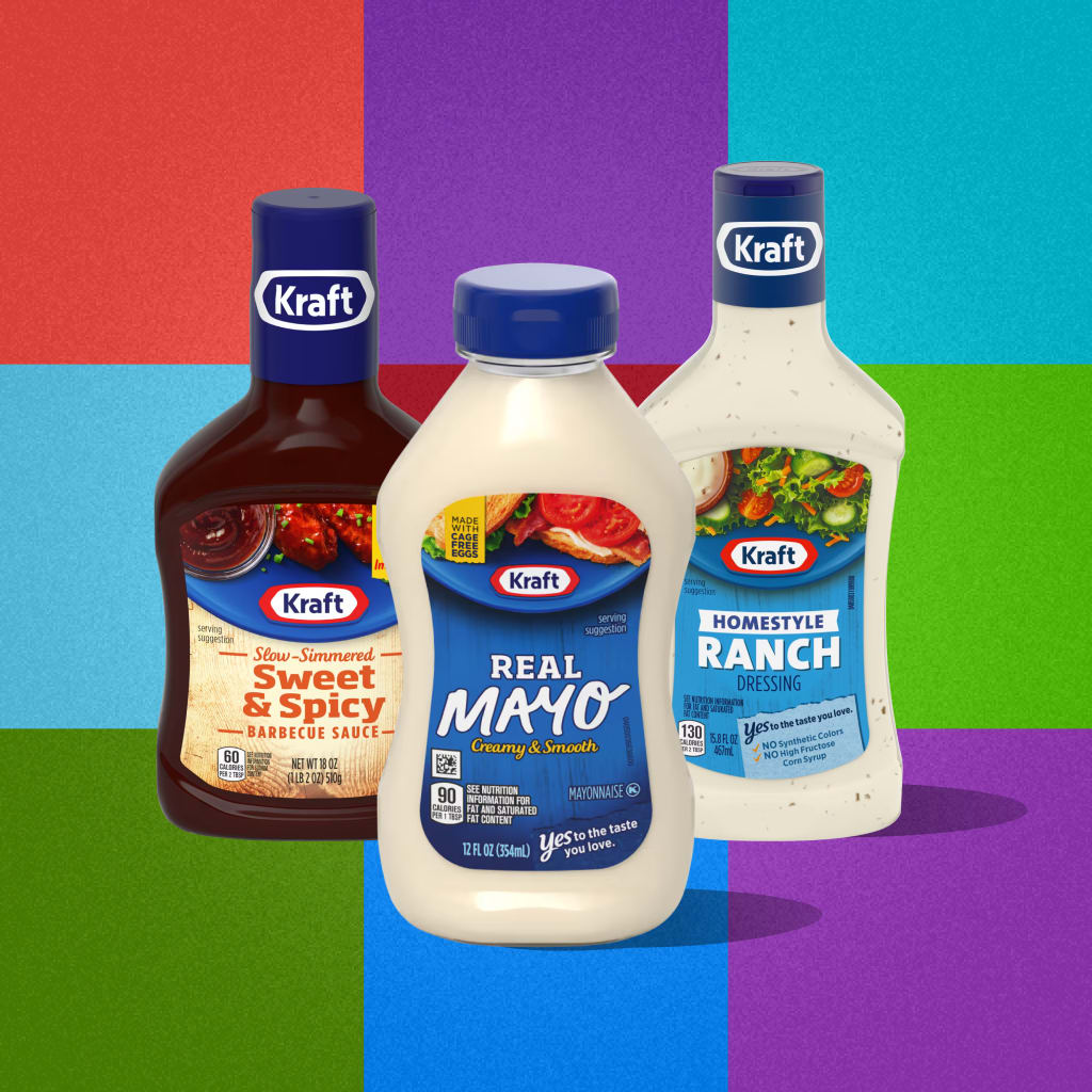 Three Kraft sauces: BBQ, mayo and ranch.