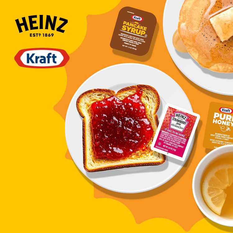 Toast with jam, pancakes, and tea with Kraft and Heinz breakfast toppings.