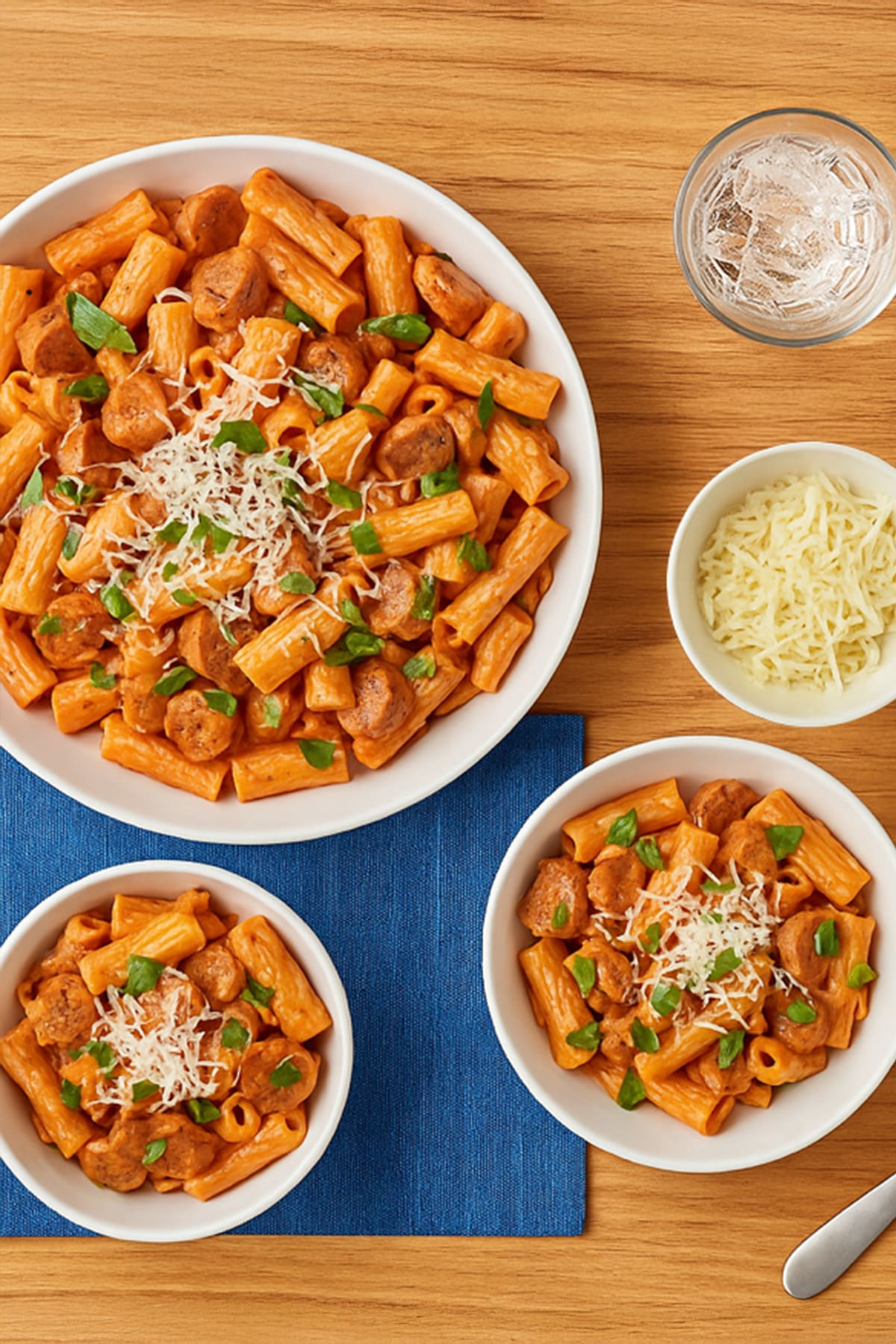 A high-angle, close-up view of creamy sausage rigatoni served in white bowls on a wooden table.