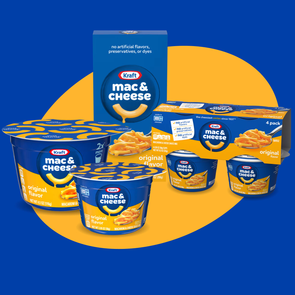 Kraft Mac & Cheese products in different packaging options: box, single-serve cups, and multi-pack cups.
