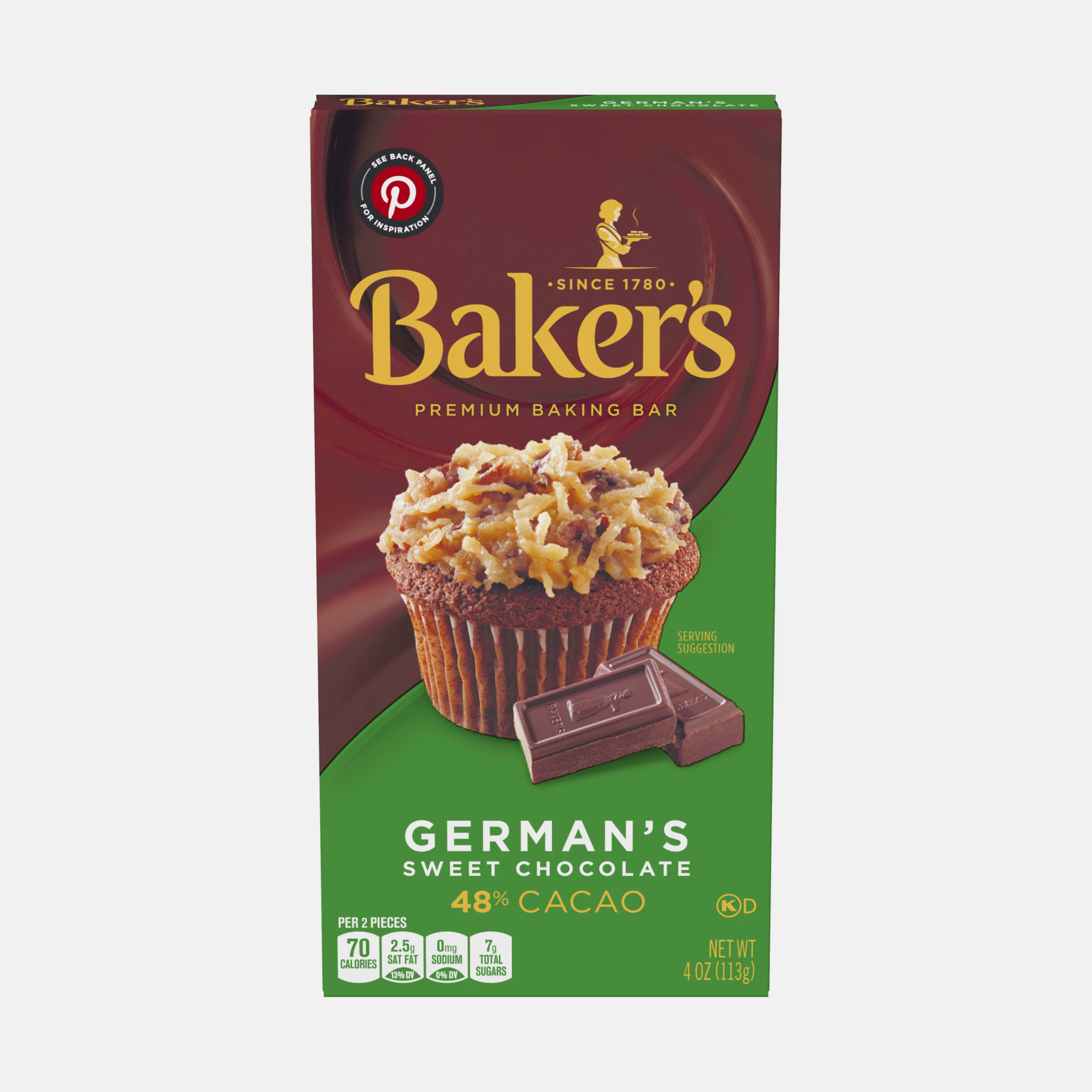 Baker's German's Sweet Chocolate 48% Cacao bar with a coconut-topped cupcake.