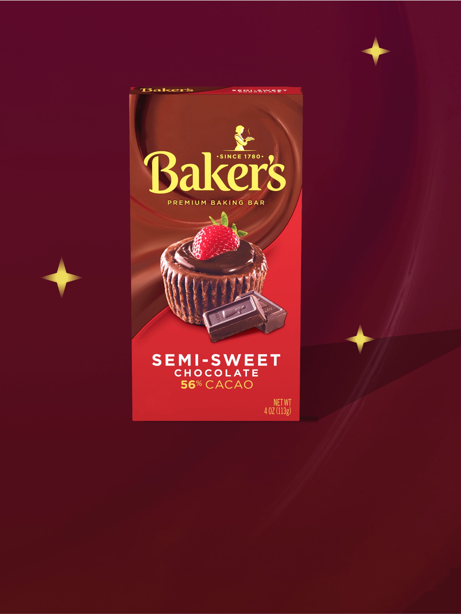 A red box of Baker's Semi-Sweet Chocolate Premium Baking Bar, 56% Cacao, with an image of a chocolate cupcake.